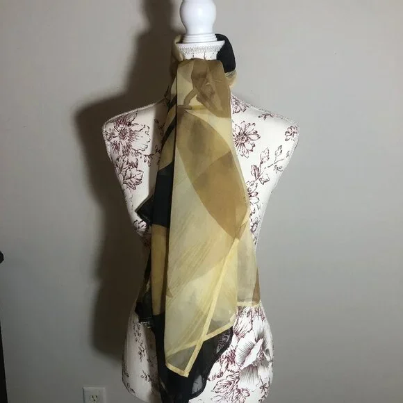 Gottex Sheer Floral Silk Scarf Wrap – Neutral Gold & Black - Picture 7 of 13